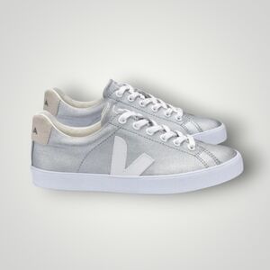 Veja Silver Metallic Coated Canvas Lace Up Sneakers Size 9